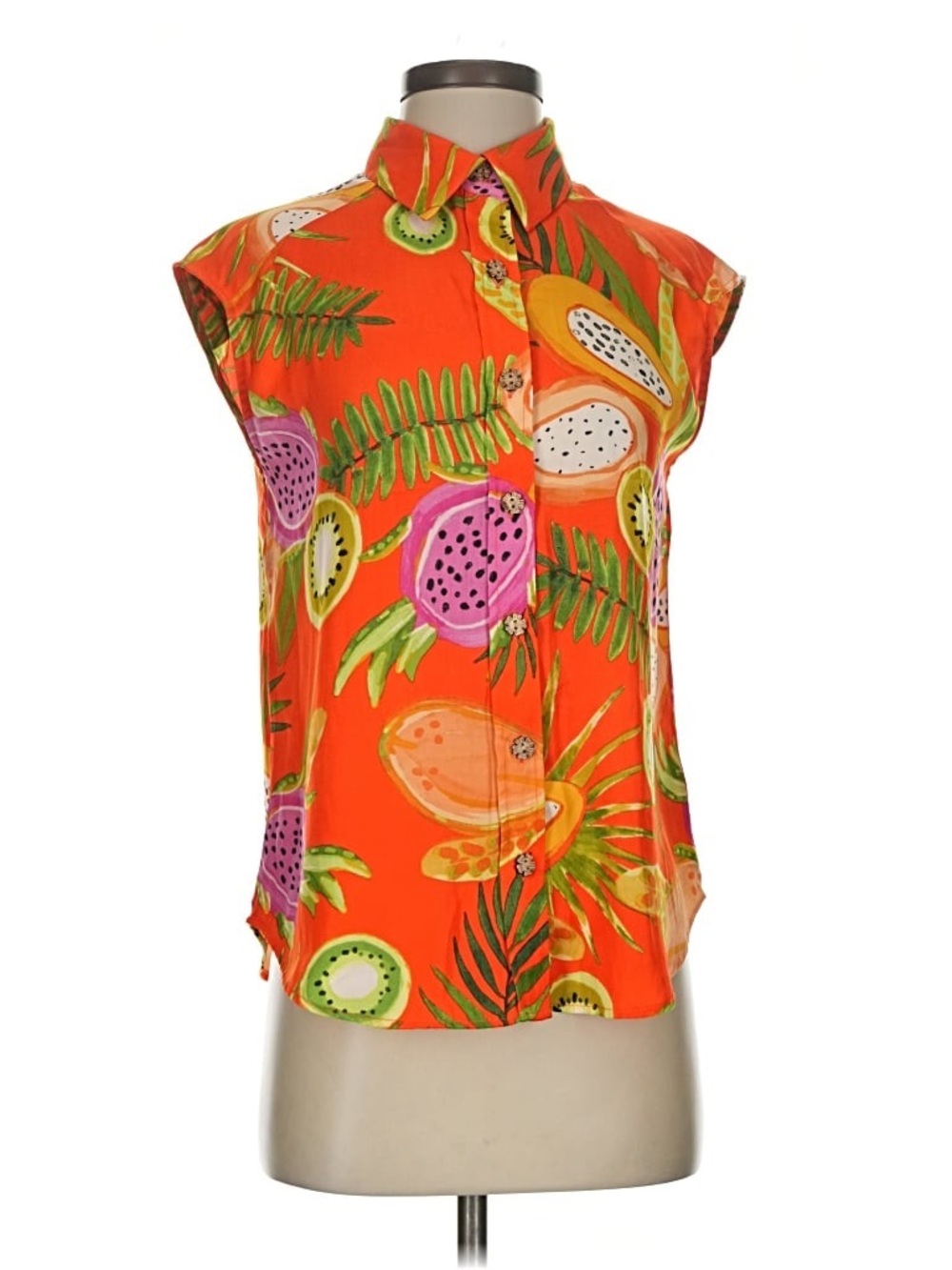 Madison d’Amelie Tropical Fruit Print Sleeveless Button-Up Top - Bright Orange